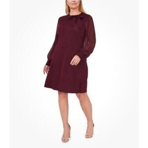 Cece New Women’s Tie Neck Sheer Long Sleeve Sweater Dress Burgundy Plus Size 1X